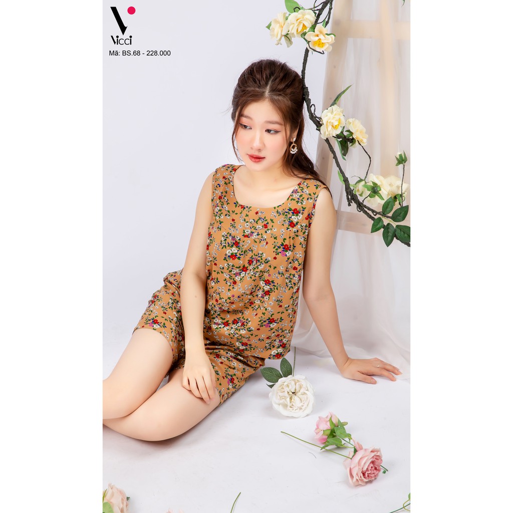 Bộ đồ mặc nhà lanh trung niên Vicci BS.68 quần short áo sát nách nhiều họa tiết