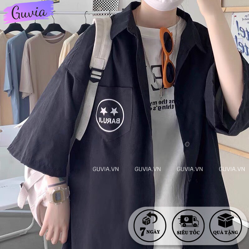 Áo Sơ Mi BARU JI Tay Ngắn Mặt Cười Unisex, Áo Sơ Mi Kaki Tay Lỡ Nam Nữ GUVIA