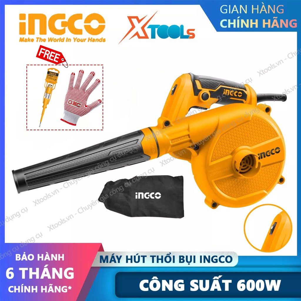 Máy thổi hút bụi siêu mạnh INGCO AB6008 công suất 600W tặng kèm túi chứa bụi và ống hút bụi. Máy thổi/hút bụi cầm tay