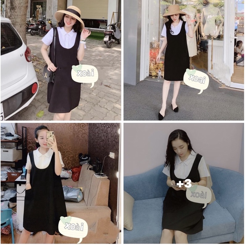Đầm bầu váy bầu yếm liền cổ sơ mi trắng [hàng đẹp loại 1]