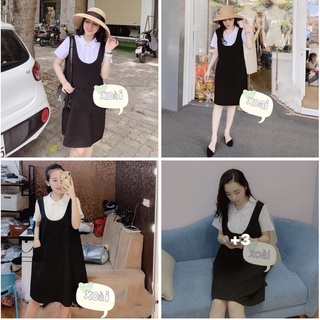 Đầm bầu váy bầu yếm liền cổ sơ mi trắng [hàng đẹp loại 1]
