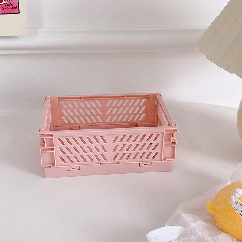 Mini Folding Plastic Storage Box Student Desktop Organizing Handbook Tape Stationery Skin Care Storage Basket My living