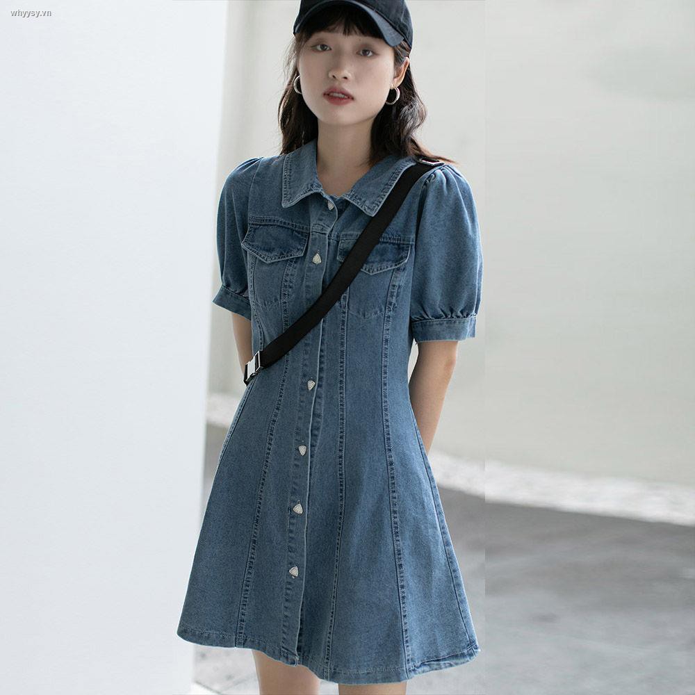 Đầm Denim Ngắn Tay Thời Trang Mẫu 2021 Theo Phong Cách Retro Dành Cho Nữ