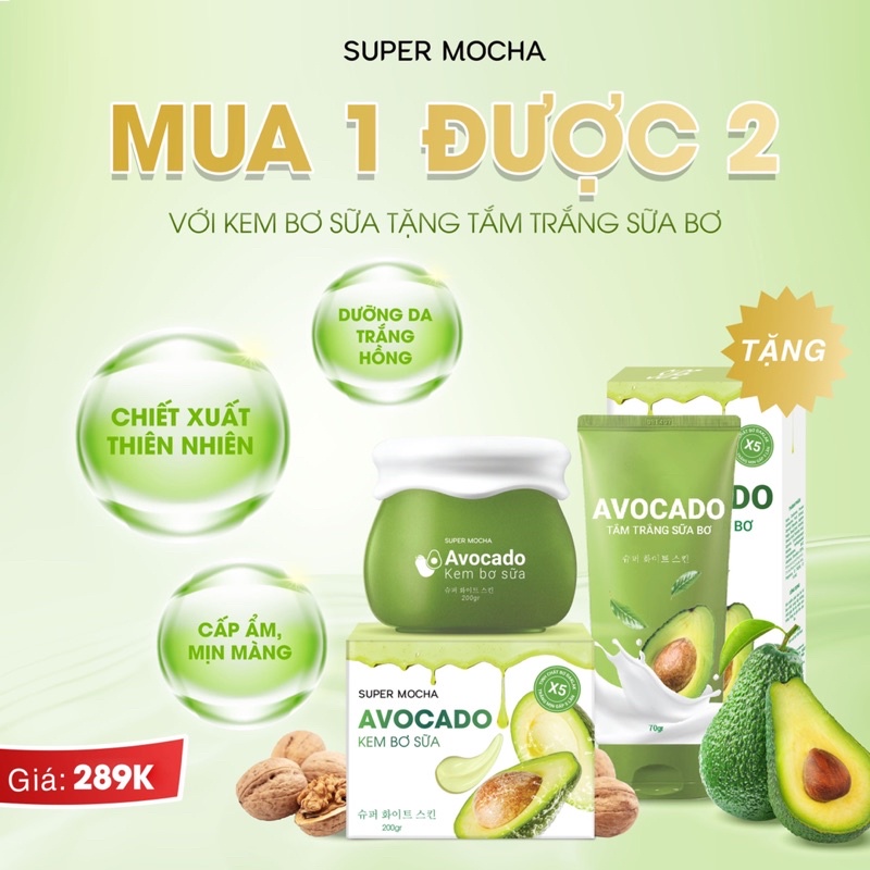 Kem bơ sữa SUPER MOCHA - Kem body bơ sữa Avocado Body Cream trắng mịn như bơ 200gr