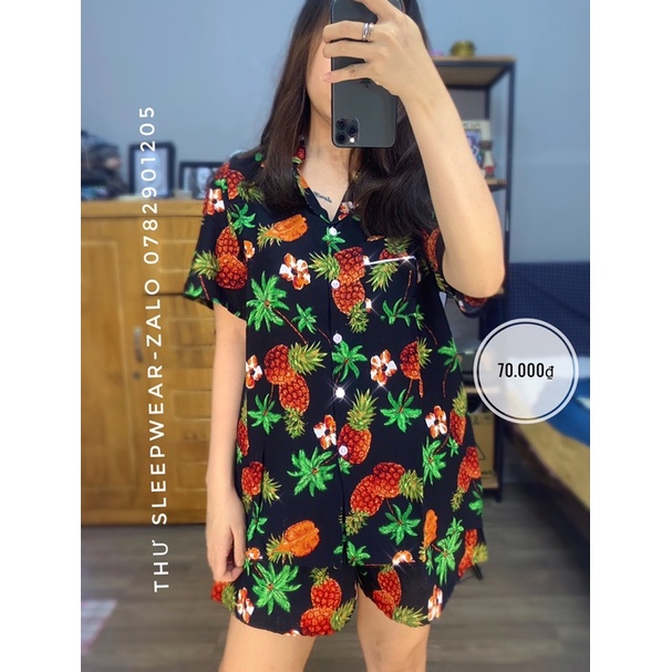 Pijama tole trái cây quần đùi nam nữ size dưới 58kg