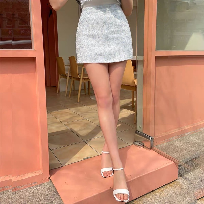 Set áo khoác ngoài cộc tay + chân váy dạ tweed tua rua màu xanh phối cúc ngọc