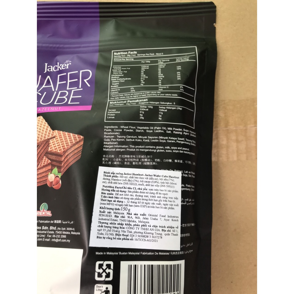 Bánh Xốp Kem Jacker Malaysia  Hương Hạnh Nhân  Wafer Cube Hazelnut (gói 150g)