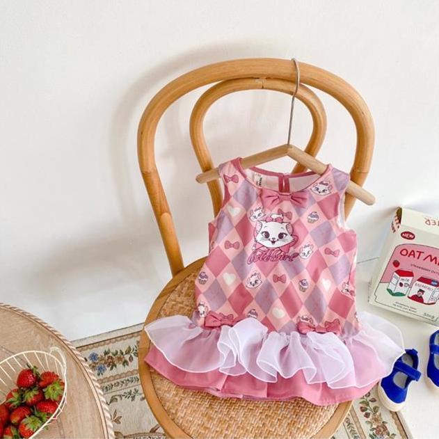 Set Áo Sát Nách Phối Ren + Chân Váy Ngắn Họa Tiết Hình Thoi Hoạt Hình Thời Trang Mùa Hè 2022 Cho Bé