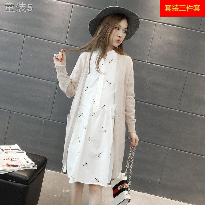 ☸♂Bộ đồ bà bầu mùa xuân thời trang mới thu áo len dệt kim cardigan hai mảnh và đầm 08