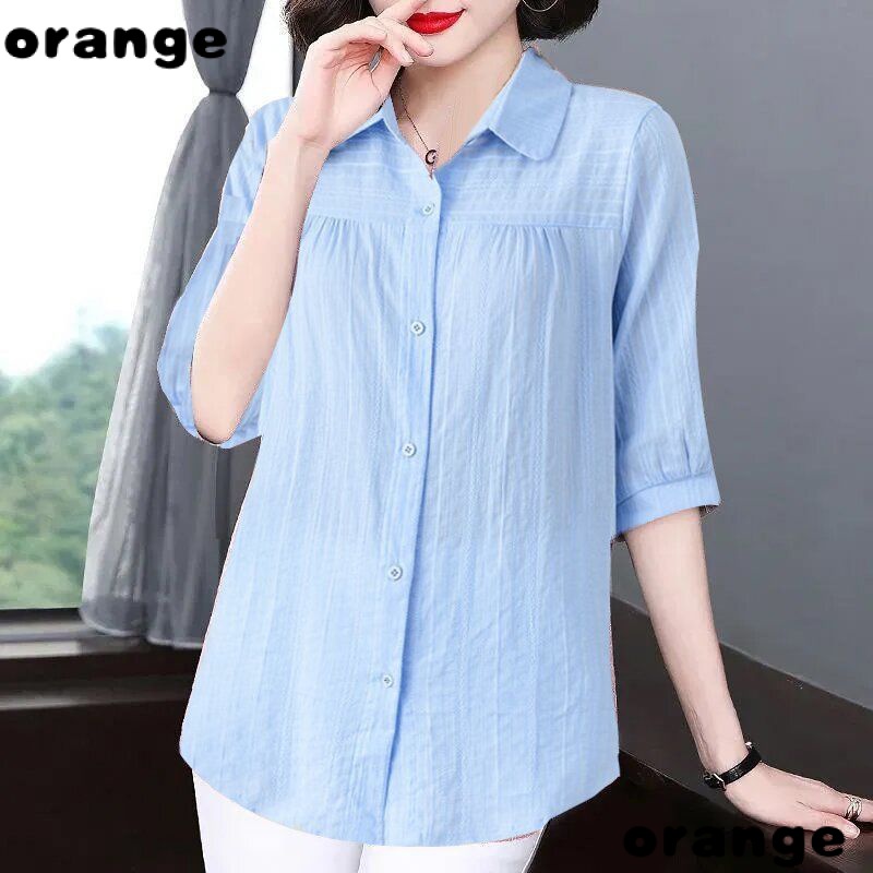Áo Sơ Mi Cotton Mỏng Tay Lửng Màu Trơn Che Bụng Phong Cách Hàn Quốc Thời Trang Mùa Hè Mới 2022 Dành Cho Phụ Nữ Trung Niên