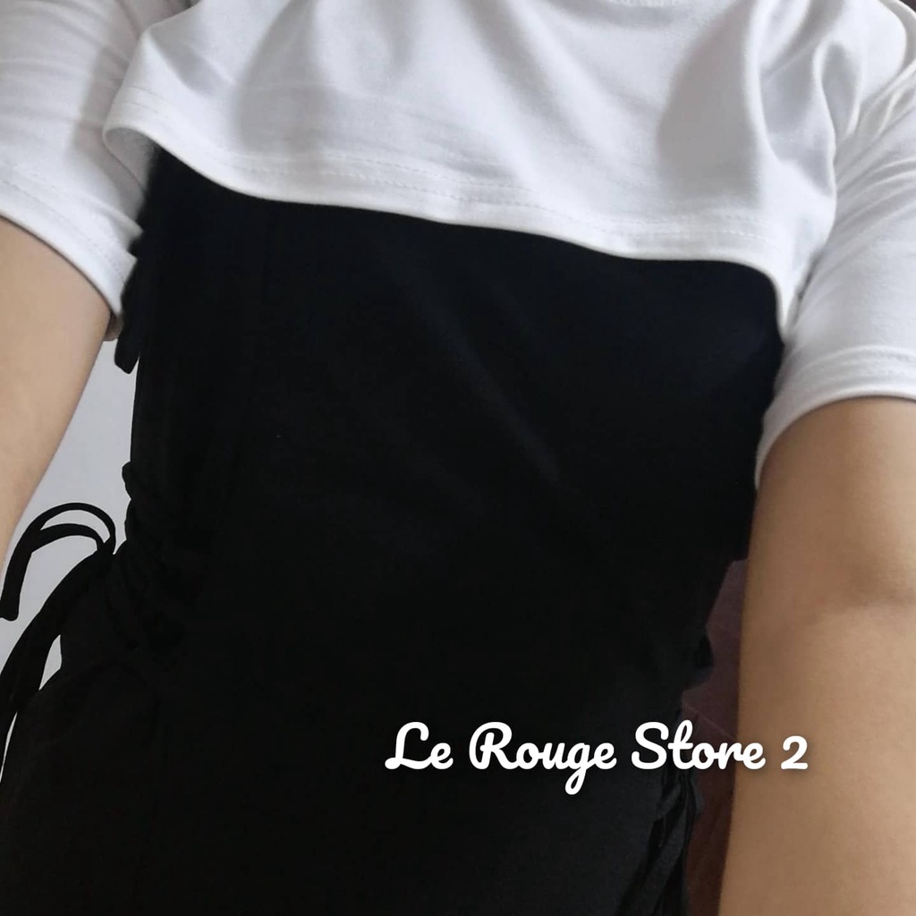 Set bộ thời trang nữ áo mini croptop ngắn tay trắng + váy yếm hai dây vạt chéo màu đen tôn dáng có size