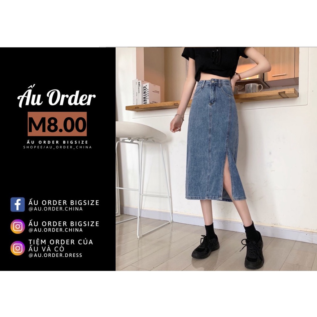 Chân váy jeans dài xanh đậm xẻ gấu cá tính Bigsize đến 100kg