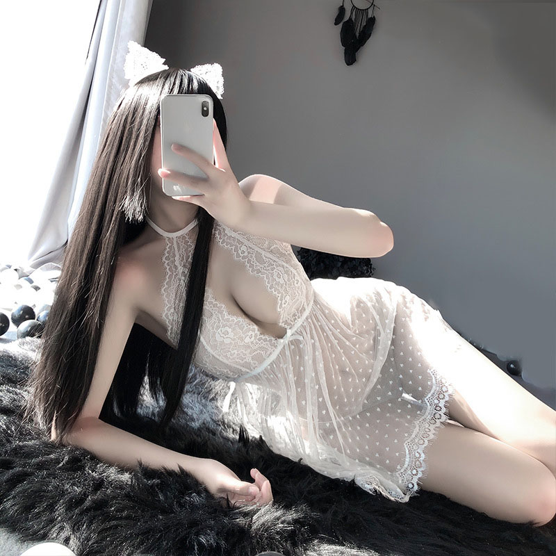 Đầm Ngủ Lưới Trong Suốt Phối Ren Họa Tiết Chấm Bi Gợi Cảm Cho Nữ