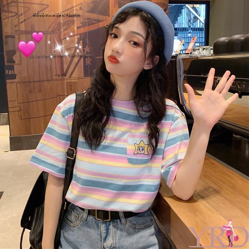 Áo thun tay ngắn họa tiết sọc ngang cầu vồng dành cho phái đẹp