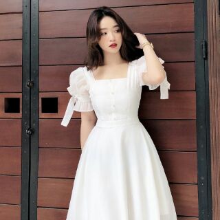 Đầm trắng xòe tay nơ [ KÈM ẢNH THẬT ]