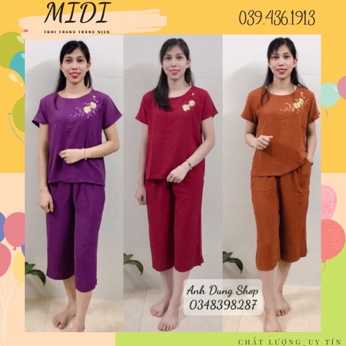 Đồ bộ trung niên đũi cho mẹ mặc ở nhà - Bộ ngủ người già thời thượng áo thêu hoa quần soóc ống loe bigsize đẹp rẻ