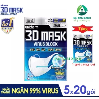 Combo 20 gói Khẩu trang ngăn vi khuẩn Unicharm 3D Mask Virus Block size M gói 5 cái + Tặng kèm 1 gói