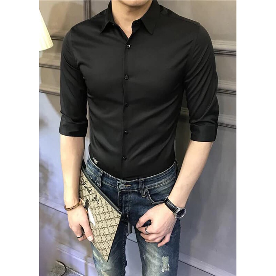 Áo Sơ Mi Trắng Nam Kiểu Dáng Cổ Bẻ Trẻ Trung Chất Vải Lụa Mịn Chống Nhăn Phong Cách