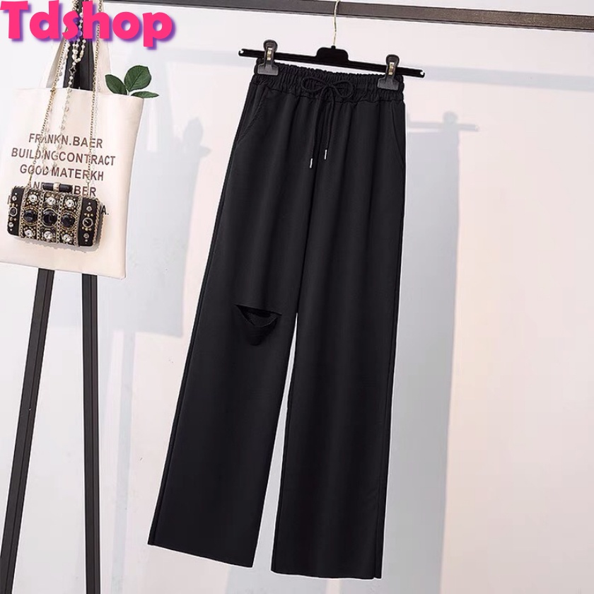 Quần Ống Rộng Da Cá Nữ Ống Suông Baggy Rách Gối Cao Cấp | Tdshopnt - Q03