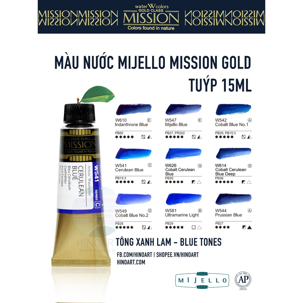Tông xanh lam màu nước Mijello Mission Gold - tuýp 15ml lẻ