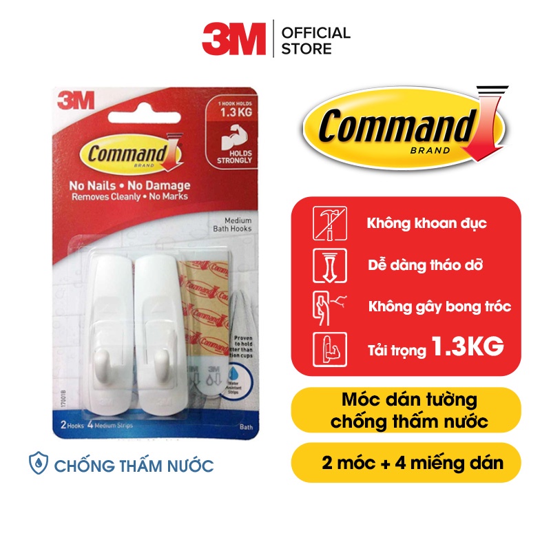 Móc dán tường chống thấm nước Command 3M vỉ 2 cái cỡ vừa chịu lực 1.3kg - 17001B
