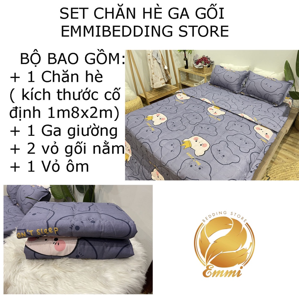 Set ga gối chăn hè chần bông Cotton 5 món EMMIBedding, mẫu gấu vương niệm mền cotton họa tiết đáng yêu