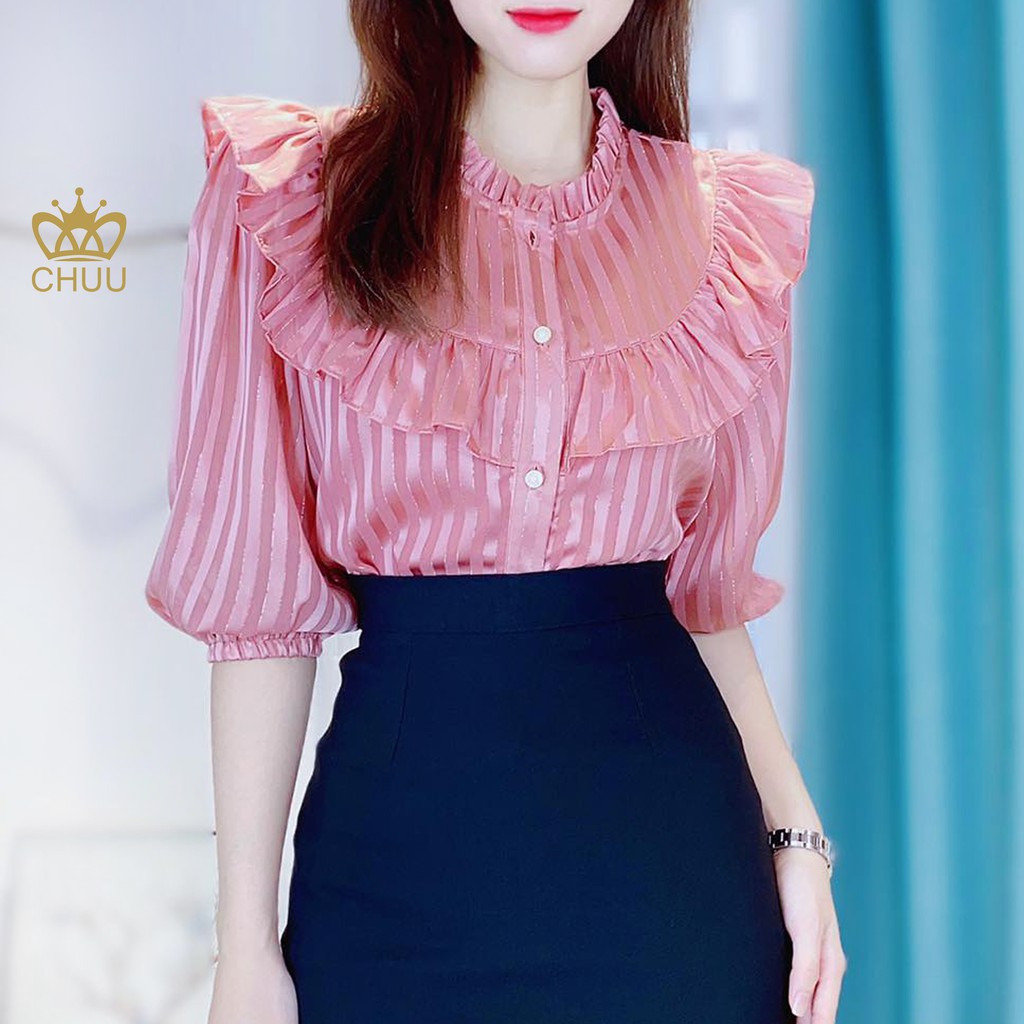 Áo kiểu công sở nữ cổ viền bèo chỉ bạc tay lỡ CHUU A6946
