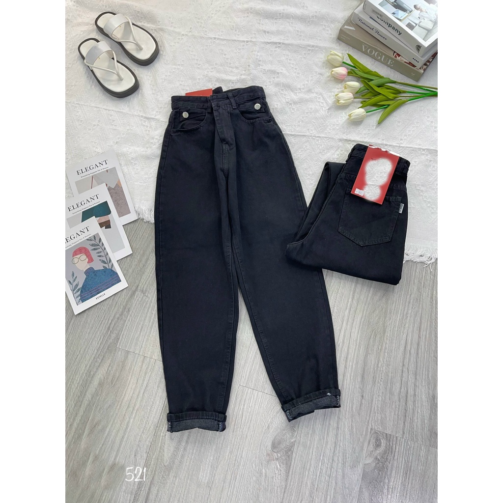 [BGHL521] QUẦN BAGGY JEANS NỮ LƯNG CAO 2 TAM GIÁC TÚI PHỐI 2 NÚT MÀU XÁM NHẠT ĐEN LAI CUỐN DÀY DẶN NITIQC