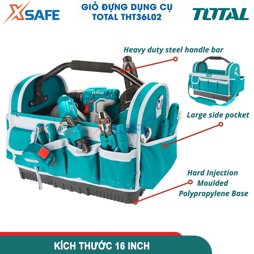 Giỏ đựng công cụ 16 inch TOTAL THT36L02, túi đựng đồ nghề 12 túi đựng dụng cụ, chất liệu 600D polyester dày dặn,cứng cáp