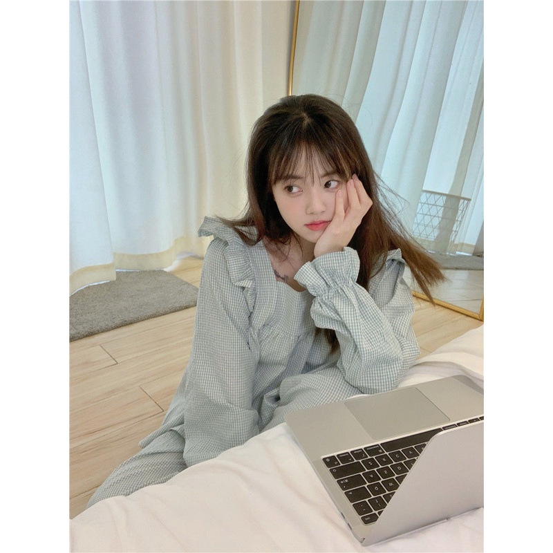 Bộ đồ ngủ FDS dài tay họa tiết kẻ sọc viền xù thời trang dễ thương dành cho nữ
