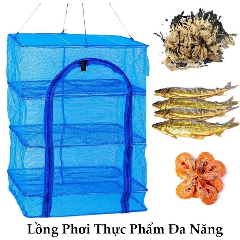 Lồng lưới phơi khô thực phẩm phơi cá chống côn trùng treo 4 tầng để phơi cá khô có thể xếp gọn