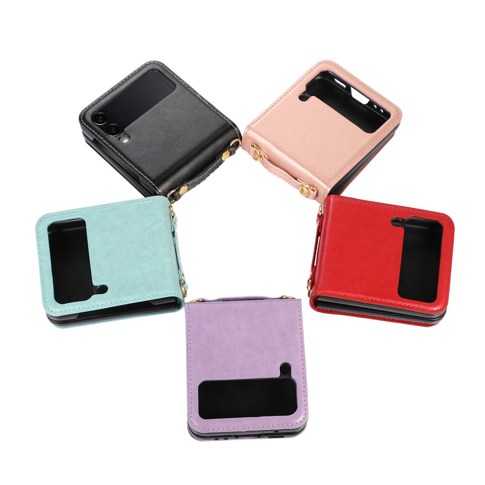 Ốp Điện Thoại Da Kèm 2 Ngăn Đựng Thẻ Và Dây Đeo Cổ Cho Samsung Galaxy Z Flip 4 3 5