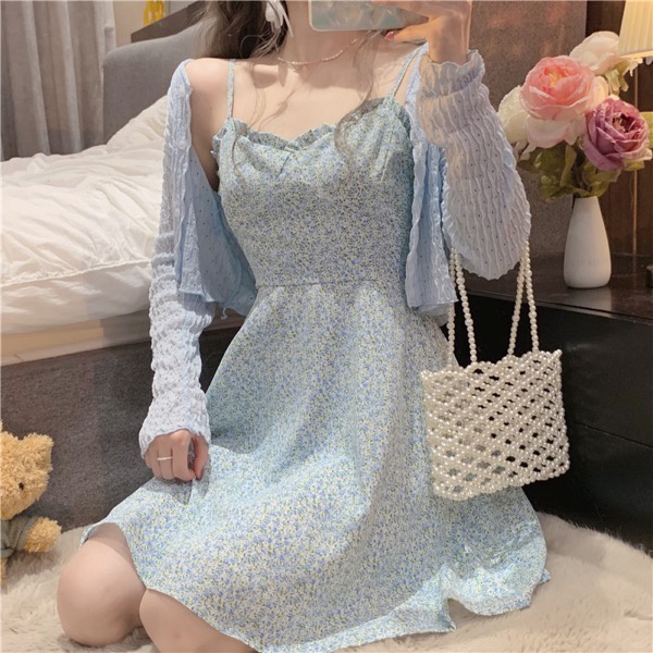 Váy hoa nhí hai dây ngực bèo dáng ngắn phối cardigan thun hè Ulzzang Style 🌸 Hàng Quảng Châu