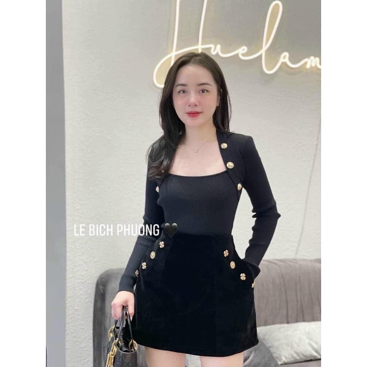 Áo len tăm dài tay đính cúc vai sang chảnh, Chất len co giãn, dáng ôm body, áo len cổ vuông | BigBuy360 - bigbuy360.vn