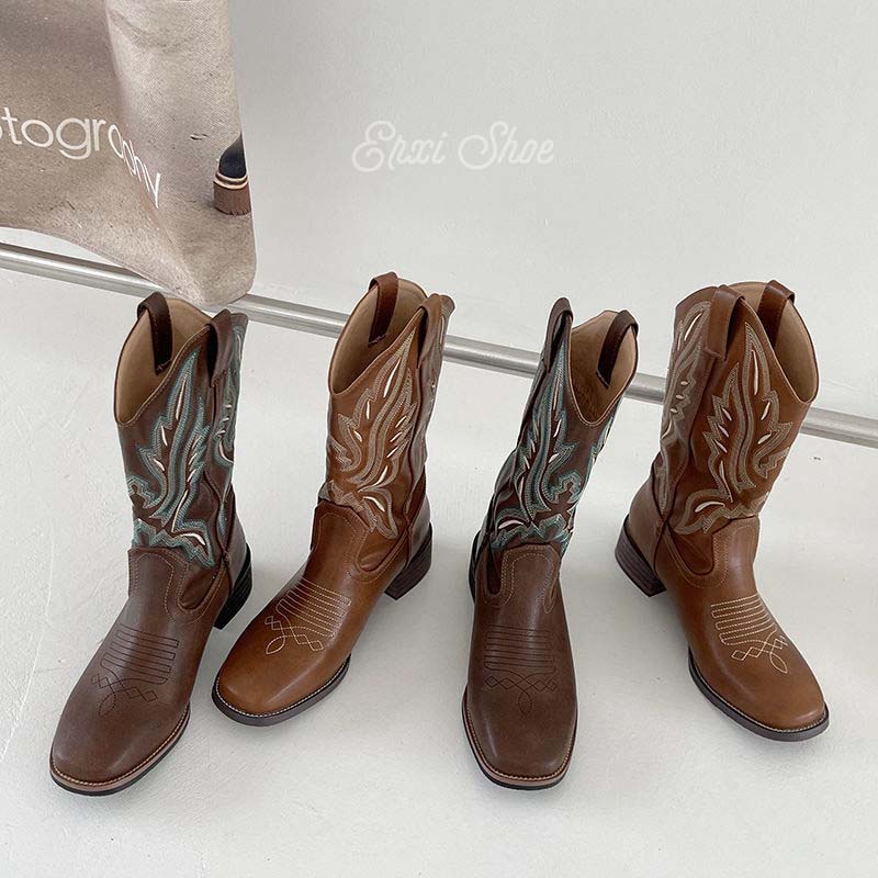 Oeteo Giày Bốt Cao Bồi Thêu Hình Chữ V Thời Trang Phương Tây Mùa Thu Cho Nữ