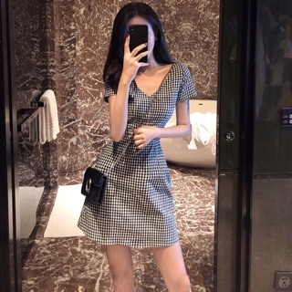 Đầm ôm eo kẻ caro cổ v v023