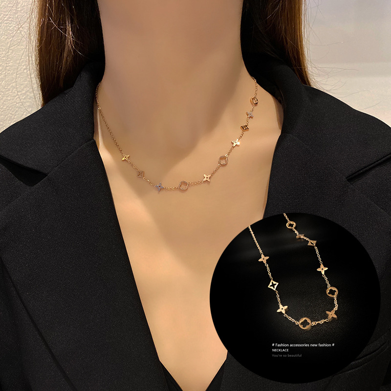 Women's Korean-Style Titanium Steel Necklace Niche Design Clavicle Simple All-Match Pearl Pendant