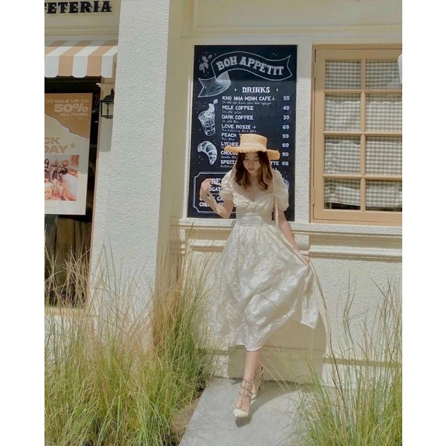 Đầm váy trắng tiểu thư bèo cổ tay phồng voan thêu cao cấp Elena