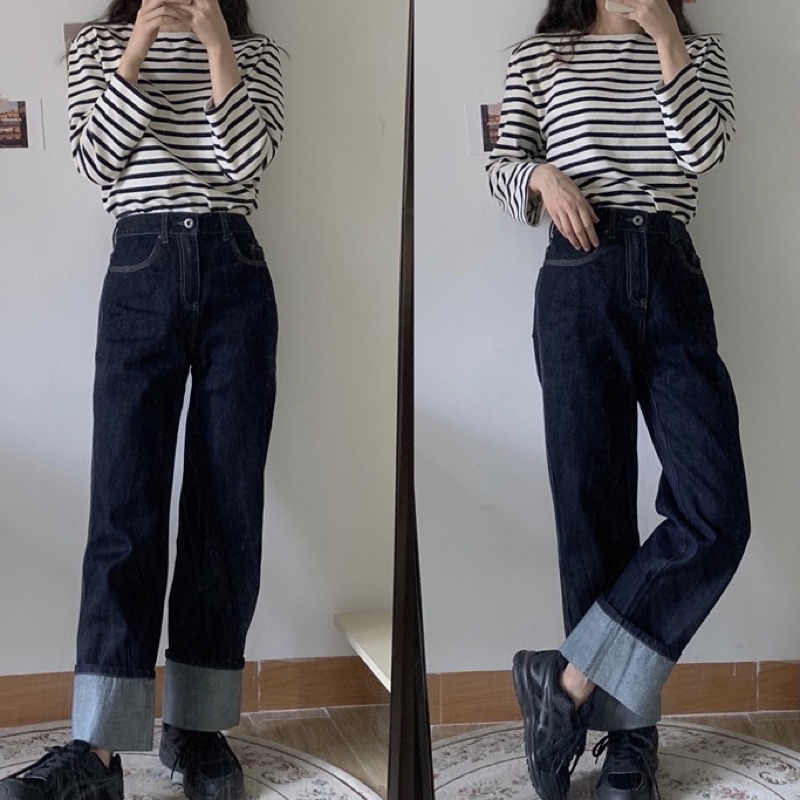 Quần Jeans Ống Suông Gấp Lai | HQ3154 | Lana Official