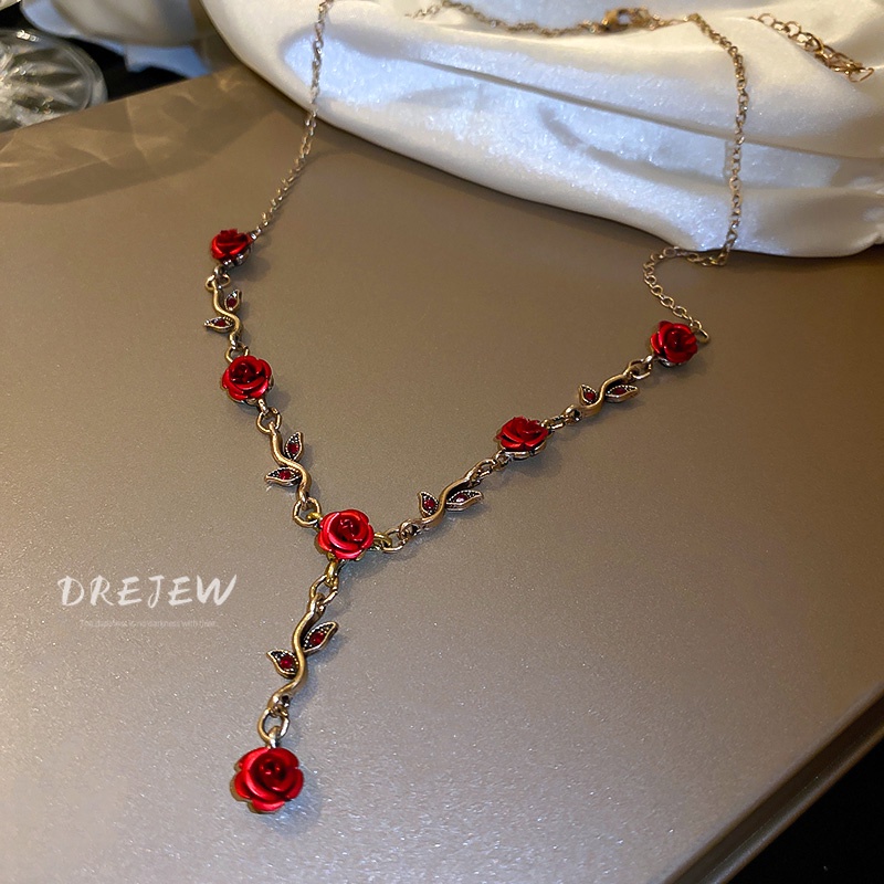 DREJEW Dây chuyền mặt hoa hồng đính đá phong cách cổ điển Hàn Quốc độc đáo