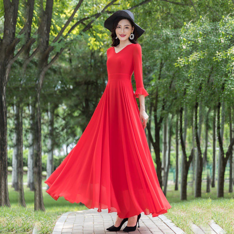 2021Summer New Chiffon Large Swing Dress Women's Elegant Slim-Fit Super Long Dress Seaside Holiday Beach Dress