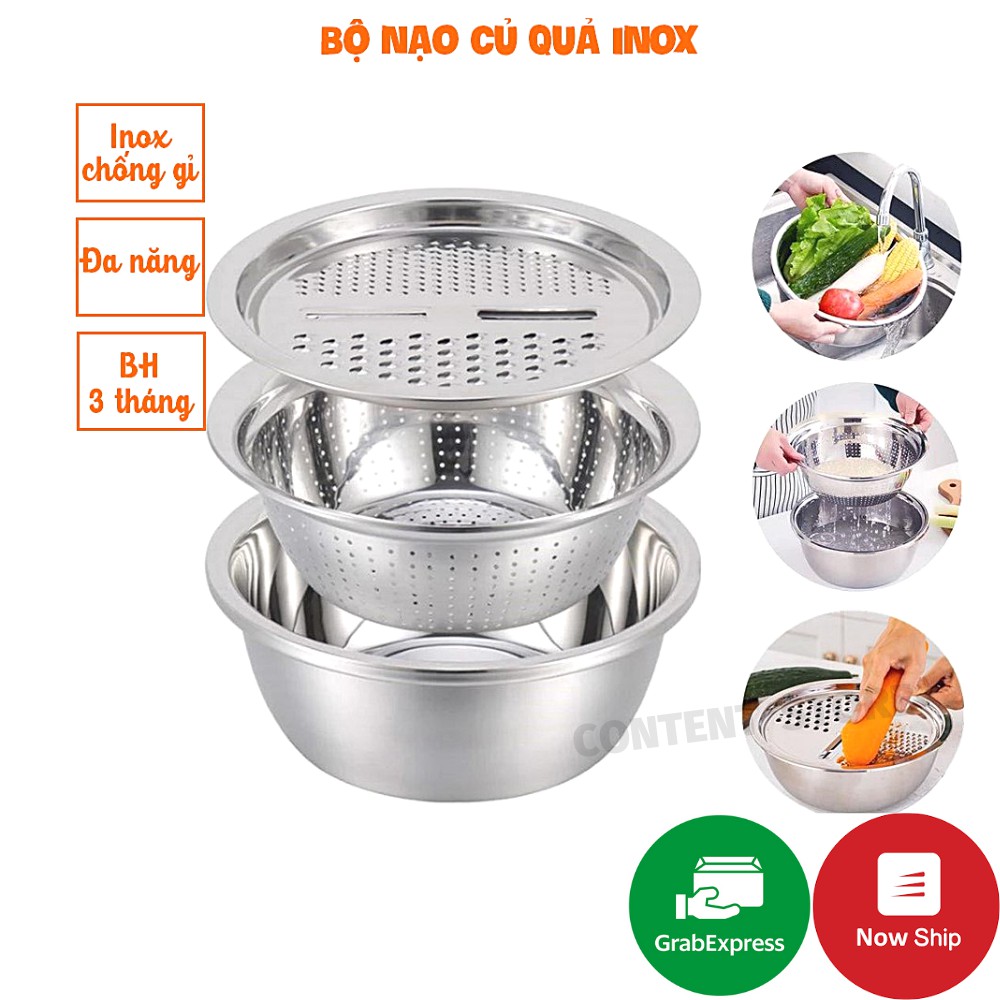 Bộ Rổ Inox Kèm Nạo Rau Củ 3 Chi Tiết Đa Năng Siêu Tiện Lợi