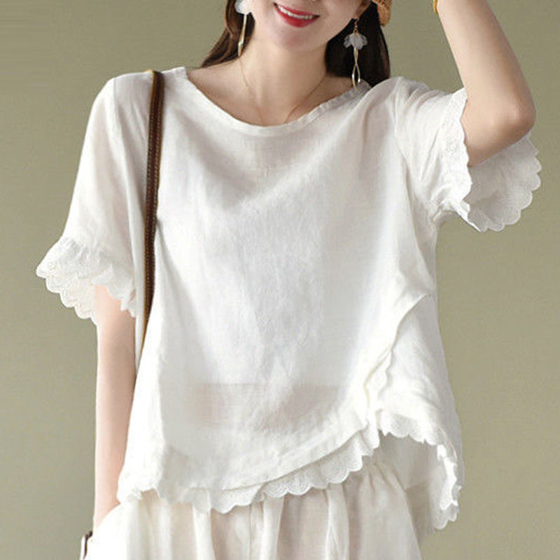 Set Áo Thun Tay Ngắn + Quần Dài Chất Cotton + Lanh Màu Trơn Cho Phái Nữ