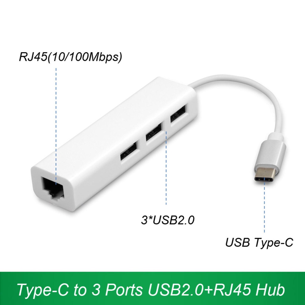 Cáp chuyển USB Type-C ra LAN RJ45 và 3 cổng USB 2.0, truyền tín hiệu tốc độ cao, sắc nét