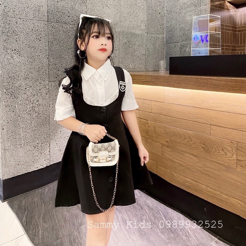 Set Yếm xoè Áo Sơmi kèm Tag Đá cao cấp cho bé gái size đại 16-41kg