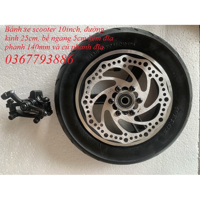 Bánh xe scooter 10ich kèm phanh đĩa 140mm và củ phanh đĩa chế xe điện