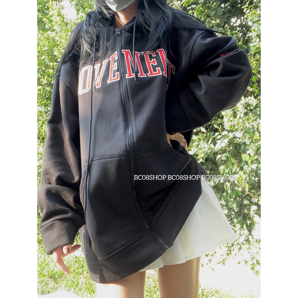 Áo Khoác Hoodie Kéo Khóa Zip Thêu chữ Movement Màu Đen Chất Vải Nỉ Bông