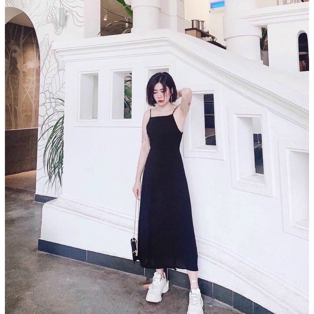 Đầm maxi đen trơn phối 2 dây hở lưng sexy, quyến rũ