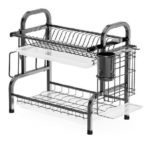 Kệ Để Chén Đĩa 2 tầng sơn Thép Carbon Sơn Đen Giá Bát Nhỏ Có Khay Hứng Nước Đa Năng