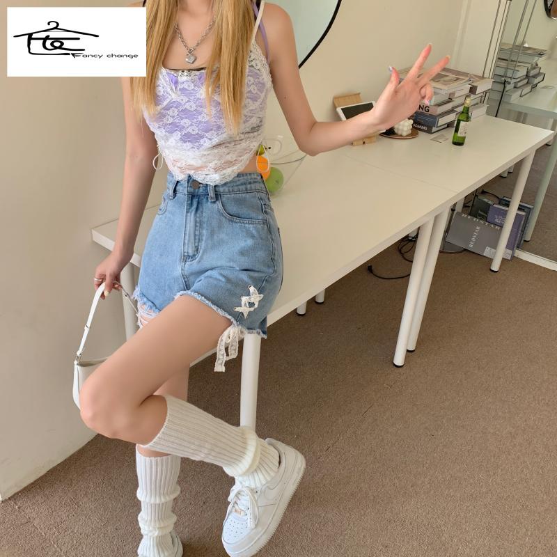 Quần Short Denim Lưng Cao Ống Rộng Phong Cách Hong Kong Thời Trang Mùa Hè Cho Nữ